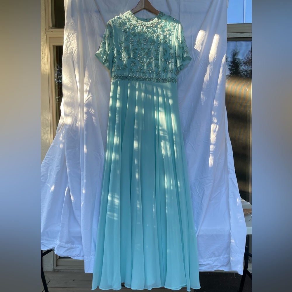 Teal Blue Jewel Bead Embellished Short Sleeve Maxi Dress Prom Formal Gown